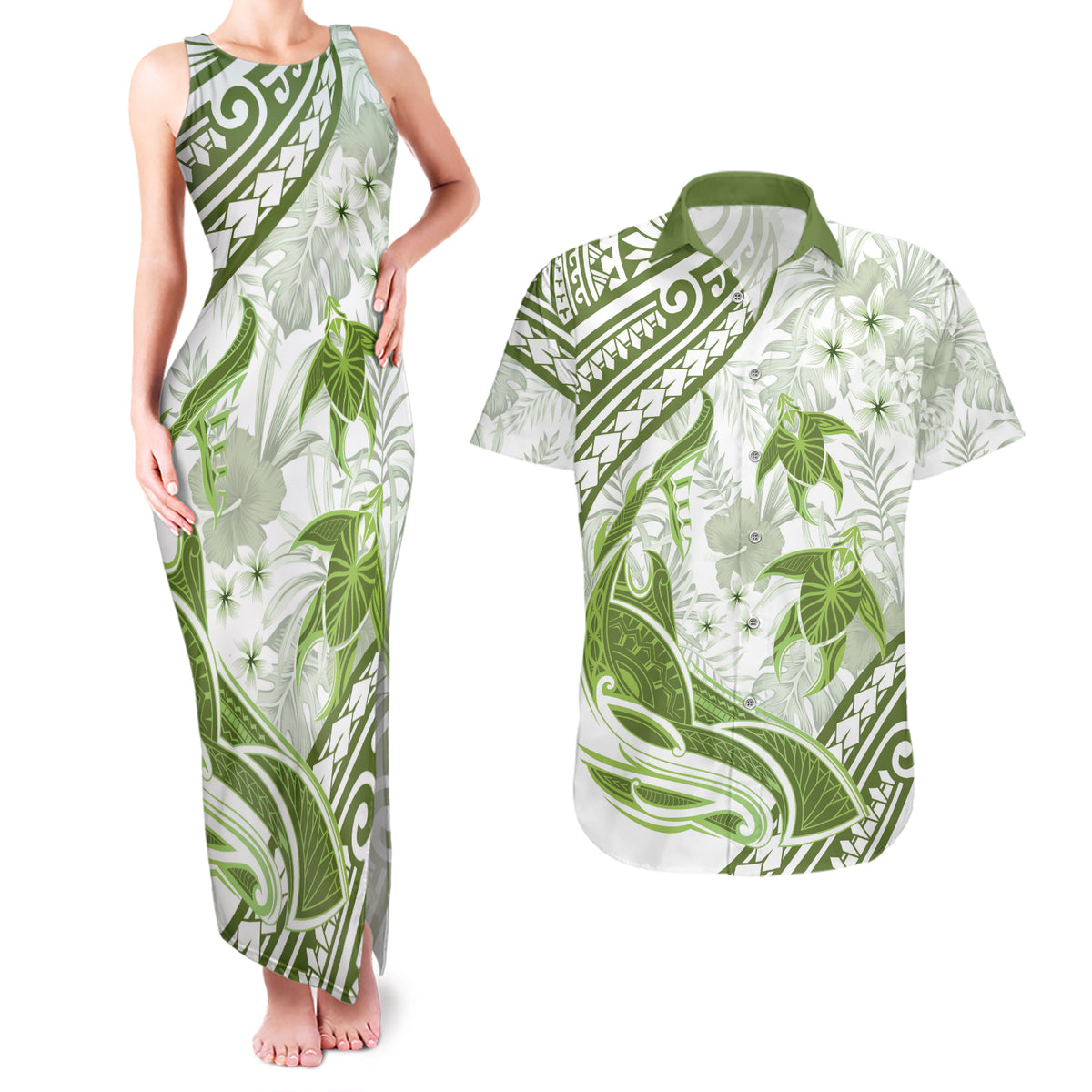 Lime Green Polynesia Couples Matching Tank Maxi Dress and Hawaiian Shirt Polynesian Turtle Shark Tattoo Tropical Vintage LT14 Lime Green - Polynesian Pride