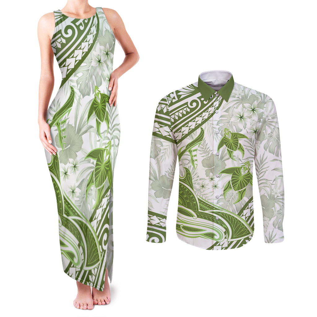 Lime Green Polynesia Couples Matching Tank Maxi Dress and Long Sleeve Button Shirt Polynesian Turtle Shark Tattoo Tropical Vintage LT14 Lime Green - Polynesian Pride