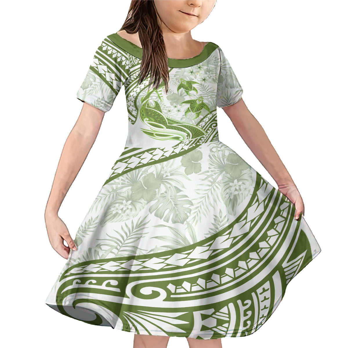 Lime Green Polynesia Family Matching Mermaid Dress and Hawaiian Shirt Polynesian Turtle Shark Tattoo Tropical Vintage LT14 Daughter's Dress Lime Green - Polynesian Pride