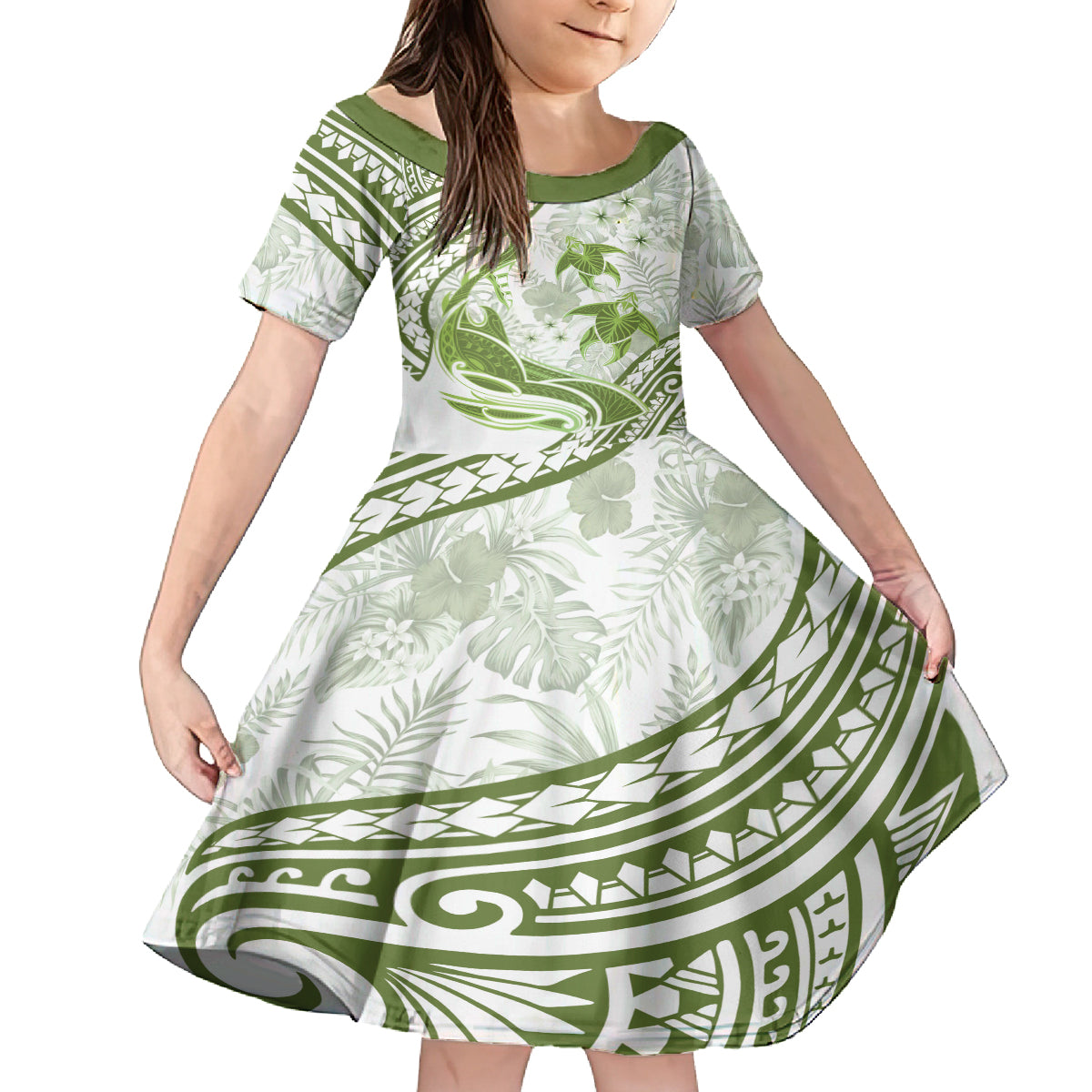 Lime Green Polynesia Family Matching Off Shoulder Long Sleeve Dress and Hawaiian Shirt Polynesian Turtle Shark Tattoo Tropical Vintage LT14 Daughter's Dress Lime Green - Polynesian Pride