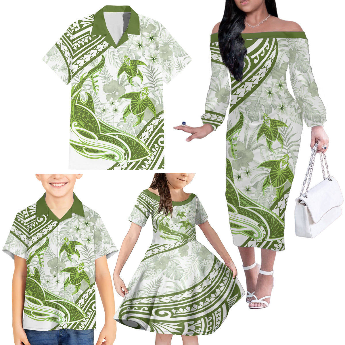 Lime Green Polynesia Family Matching Off Shoulder Long Sleeve Dress and Hawaiian Shirt Polynesian Turtle Shark Tattoo Tropical Vintage LT14 - Polynesian Pride