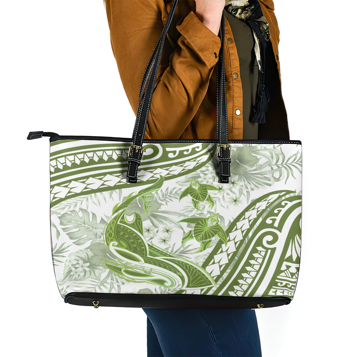 Lime Green Polynesia Leather Tote Bag Polynesian Turtle Shark Tattoo Tropical Vintage