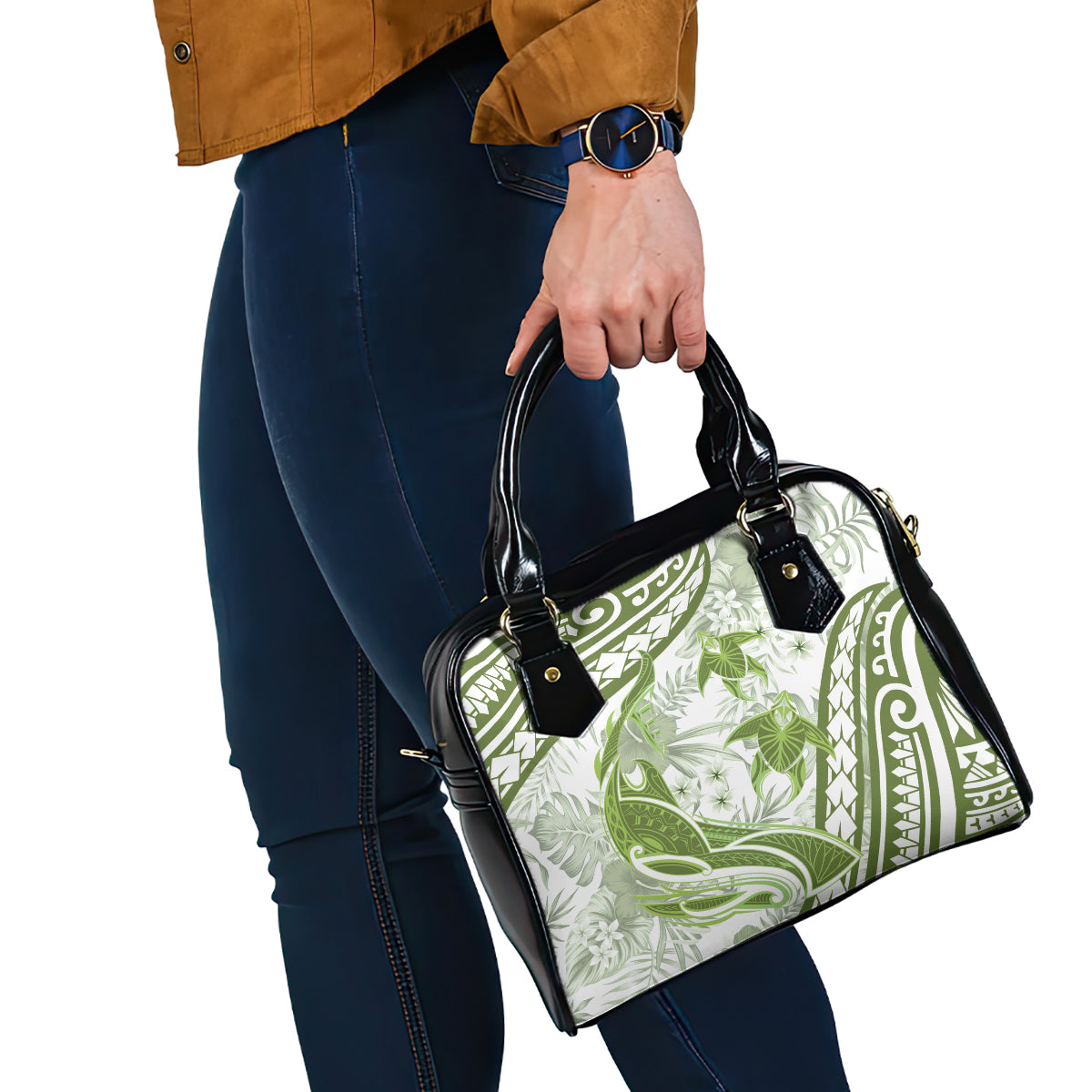 Lime Green Polynesia Shoulder Handbag Polynesian Turtle Shark Tattoo Tropical Vintage
