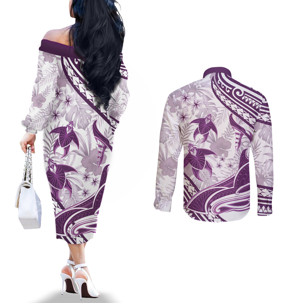 Purple Polynesia Couples Matching Off The Shoulder Long Sleeve Dress and Long Sleeve Button Shirt Polynesian Turtle Shark Tattoo Tropical Vintage LT14 - Polynesian Pride