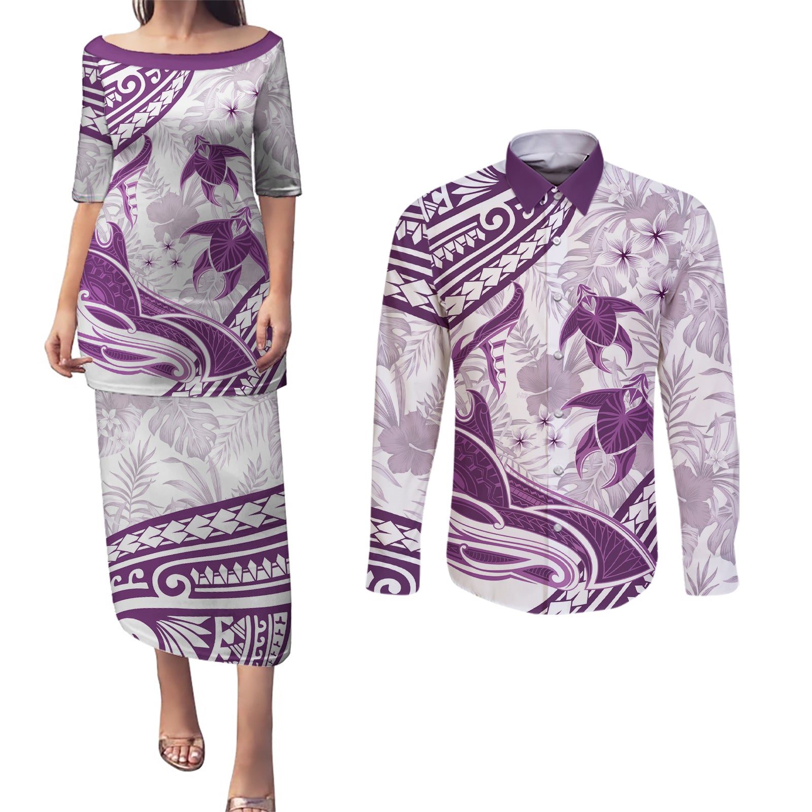Purple Polynesia Couples Matching Puletasi and Long Sleeve Button Shirt Polynesian Turtle Shark Tattoo Tropical Vintage LT14 Purple - Polynesian Pride