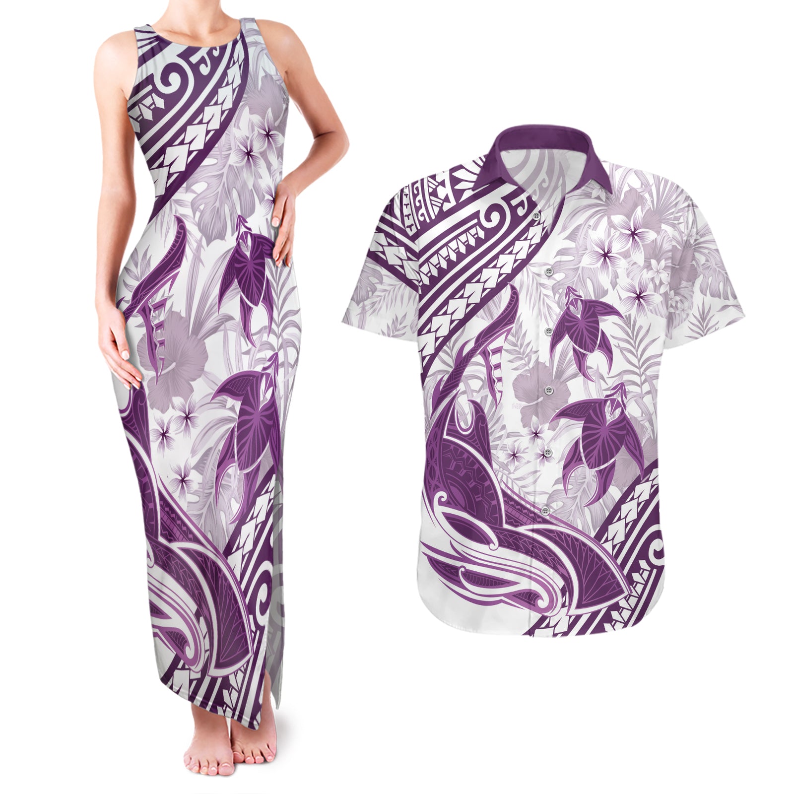 Purple Polynesia Couples Matching Tank Maxi Dress and Hawaiian Shirt Polynesian Turtle Shark Tattoo Tropical Vintage LT14 Purple - Polynesian Pride