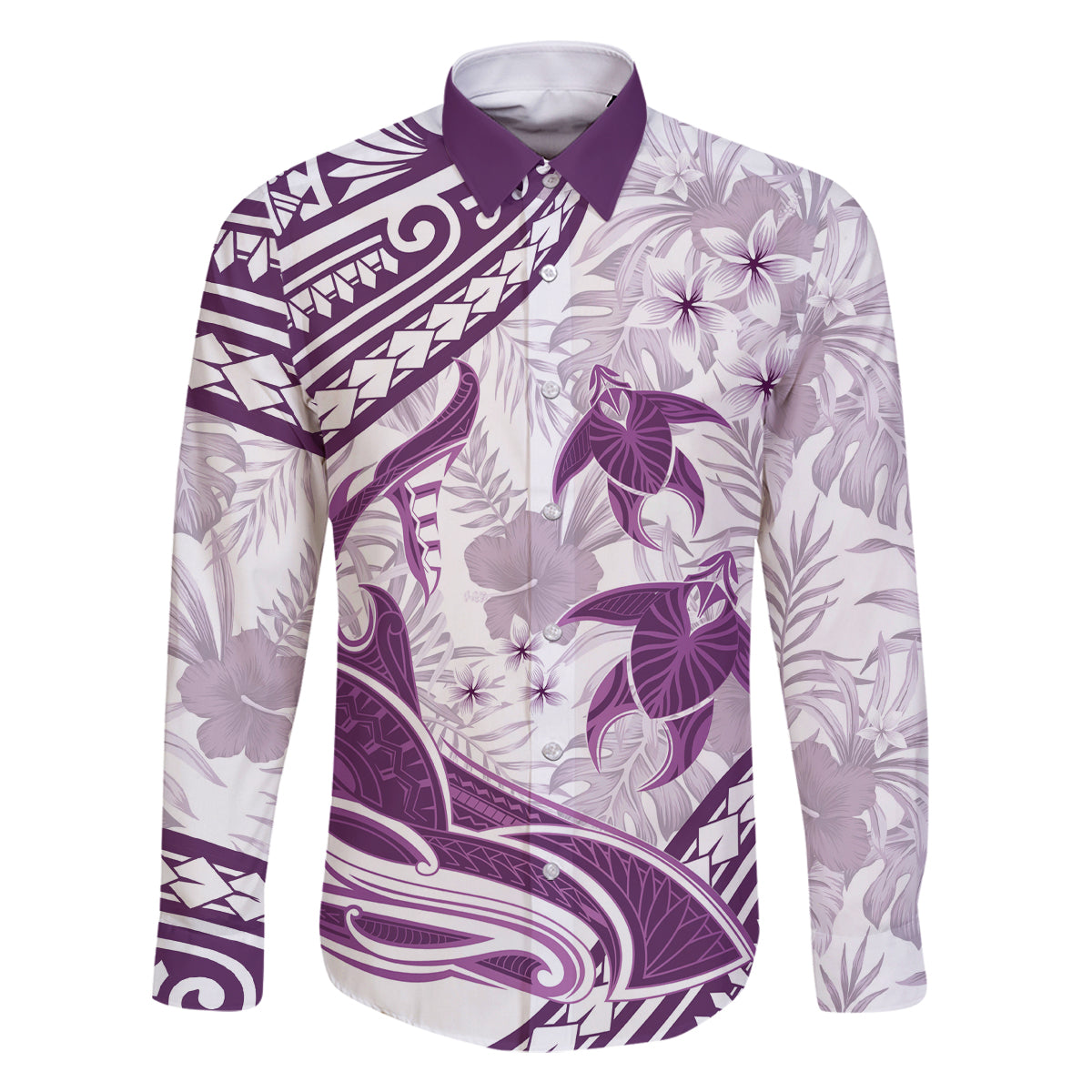 Purple Polynesia Family Matching Off Shoulder Long Sleeve Dress and Hawaiian Shirt Polynesian Turtle Shark Tattoo Tropical Vintage LT14 Dad's Shirt - Long Sleeve Purple - Polynesian Pride