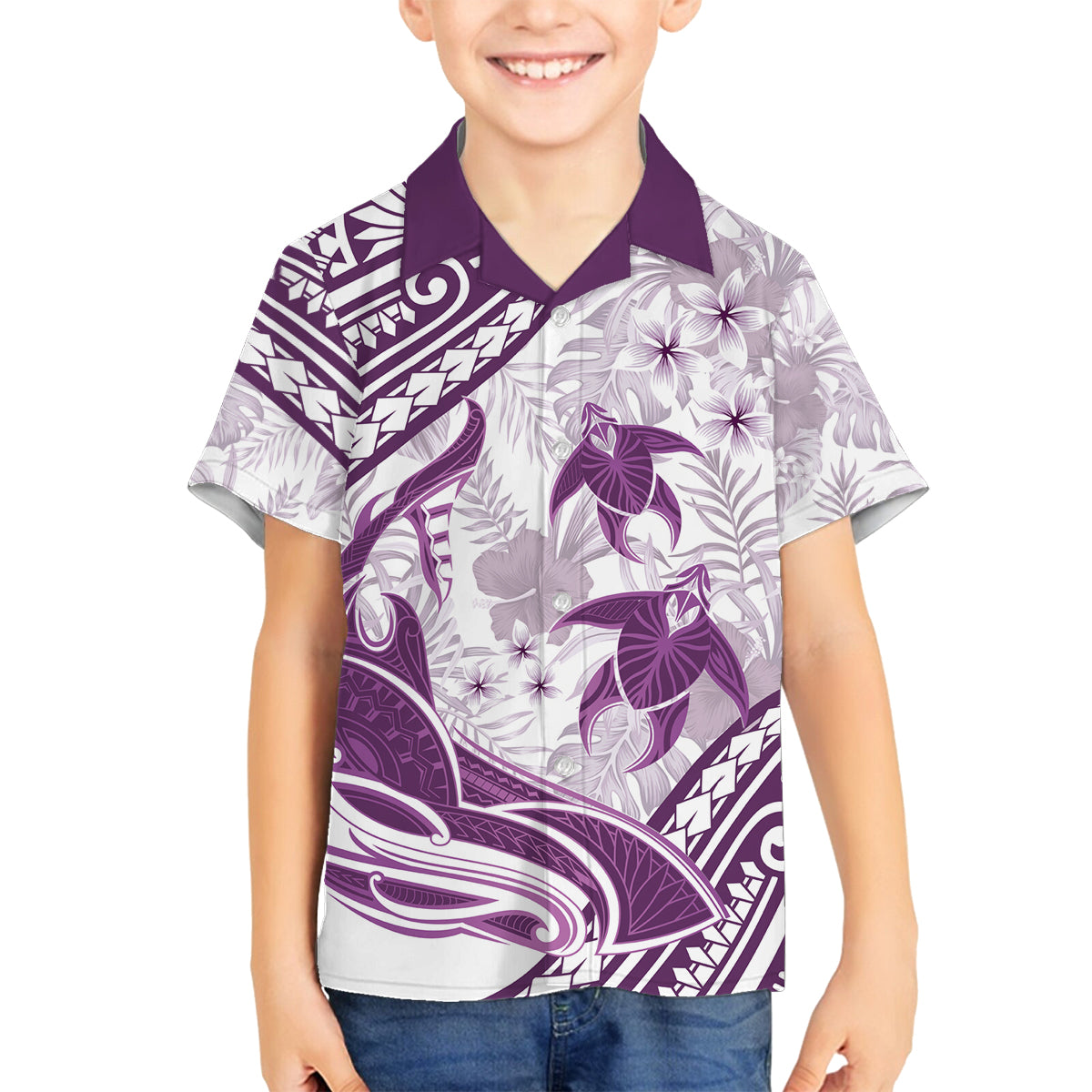 Purple Polynesia Family Matching Off Shoulder Maxi Dress and Hawaiian Shirt Polynesian Turtle Shark Tattoo Tropical Vintage LT14 Son's Shirt Purple - Polynesian Pride