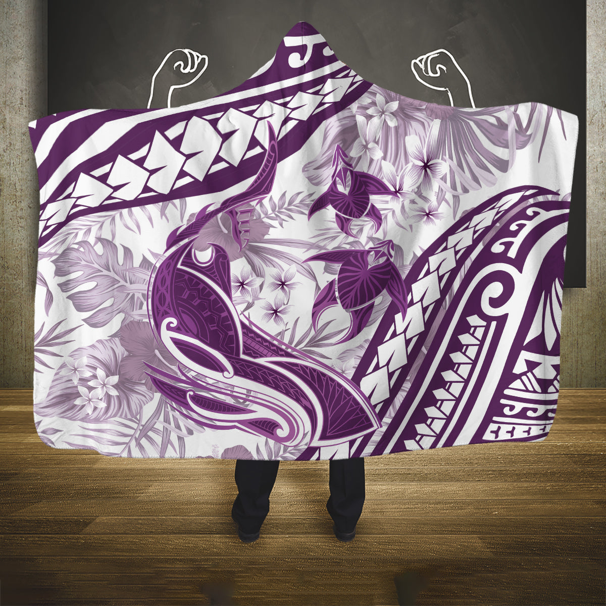 Purple Polynesia Hooded Blanket Polynesian Turtle Shark Tattoo Tropical Vintage LT14 One Size Purple - Polynesian Pride