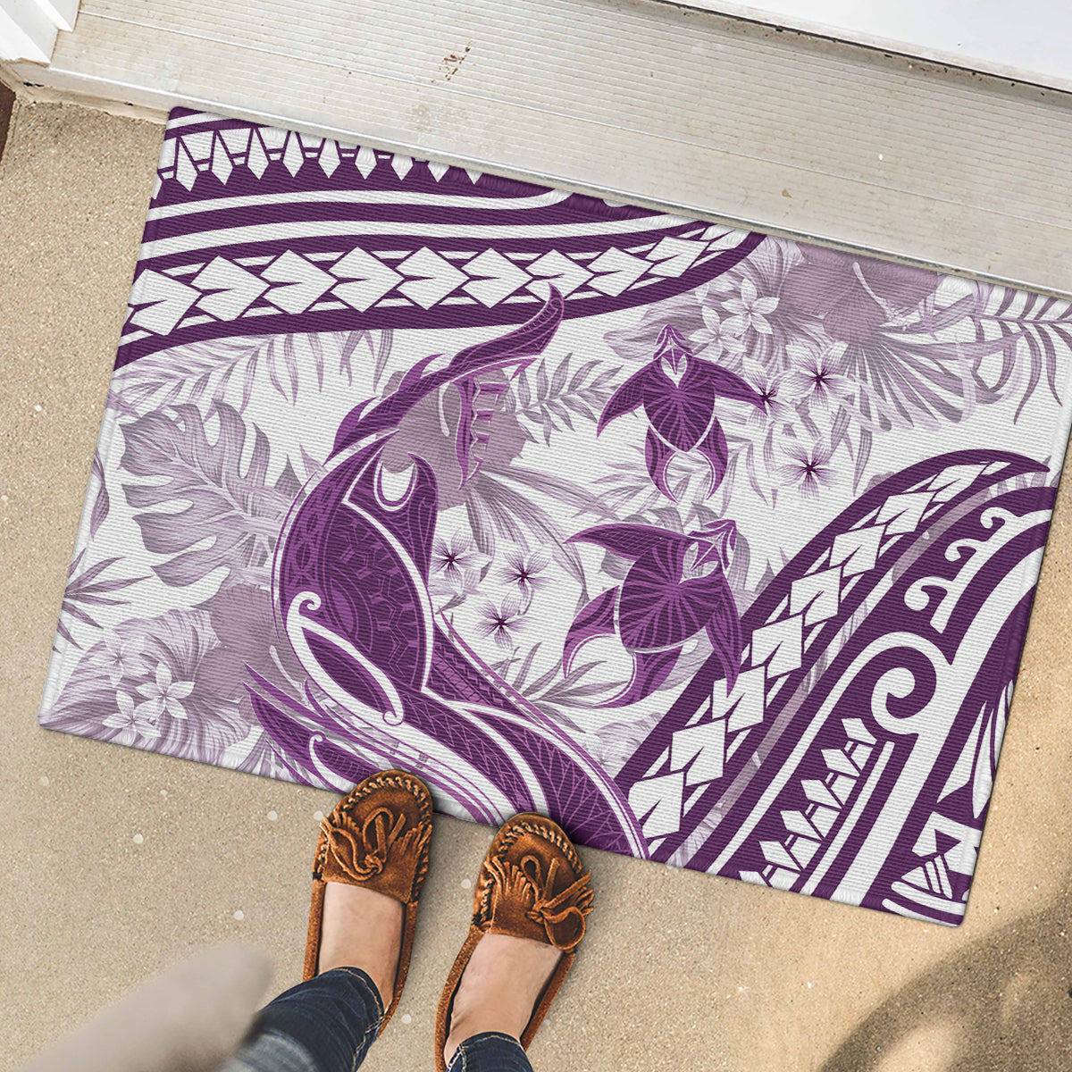 Purple Polynesia Rubber Doormat Polynesian Turtle Shark Tattoo Tropical Vintage