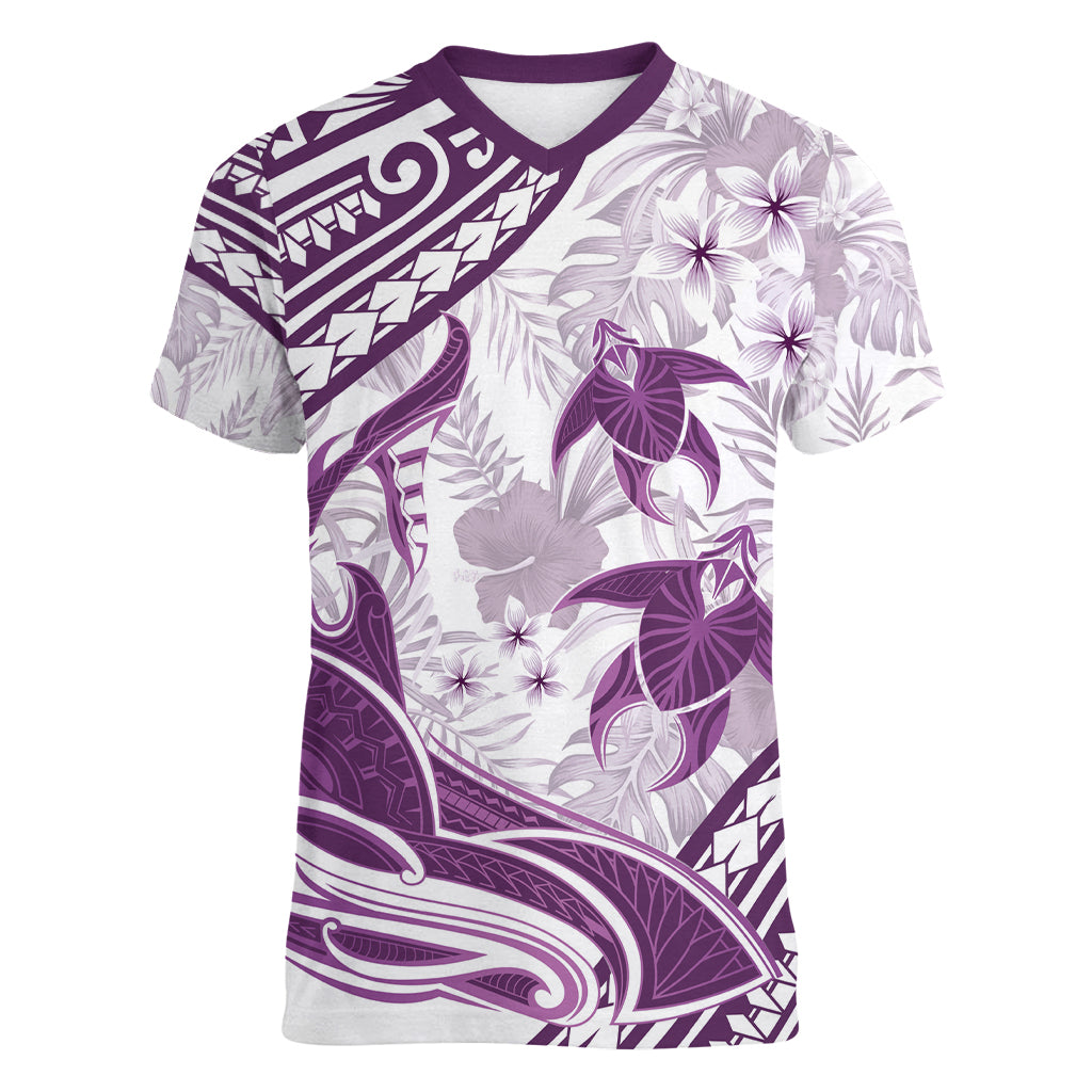 Purple Polynesia Women V Neck T Shirt Polynesian Turtle Shark Tattoo Tropical Vintage LT14 Female Purple - Polynesian Pride