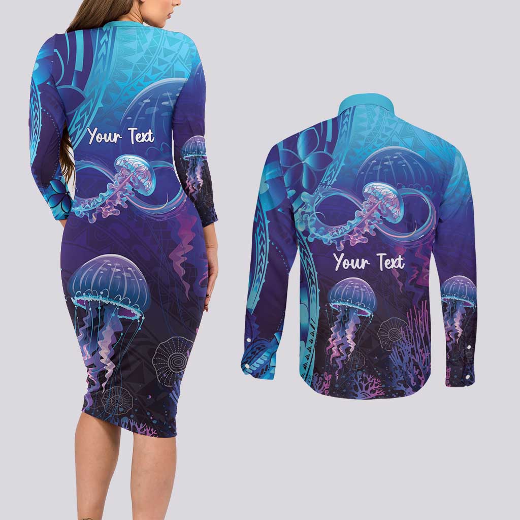 Polynesia Jellyfish Memorial Personalised Couples Matching Long Sleeve Bodycon Dress and Long Sleeve Button Shirt Infinity Jellies Polynesian Pattern