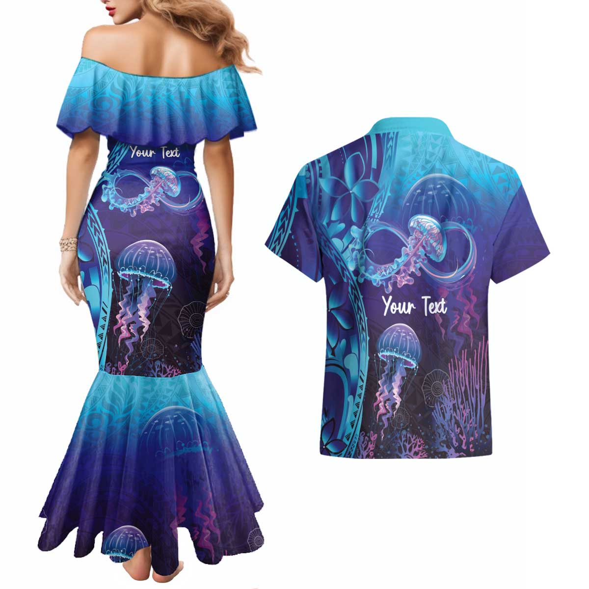 Polynesia Jellyfish Memorial Personalised Couples Matching Mermaid Dress and Hawaiian Shirt Infinity Jellies Polynesian Pattern