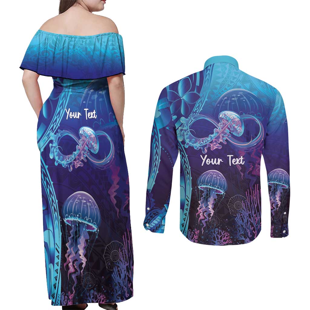 Polynesia Jellyfish Memorial Personalised Couples Matching Off Shoulder Maxi Dress and Long Sleeve Button Shirt Infinity Jellies Polynesian Pattern