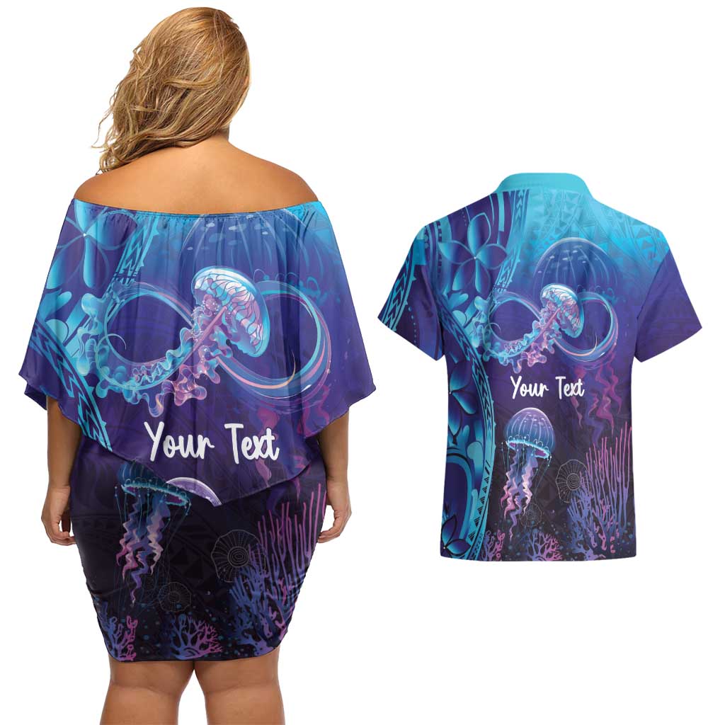 Polynesia Jellyfish Memorial Personalised Couples Matching Off Shoulder Short Dress and Hawaiian Shirt Infinity Jellies Polynesian Pattern
