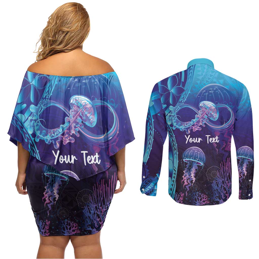 Polynesia Jellyfish Memorial Personalised Couples Matching Off Shoulder Short Dress and Long Sleeve Button Shirt Infinity Jellies Polynesian Pattern