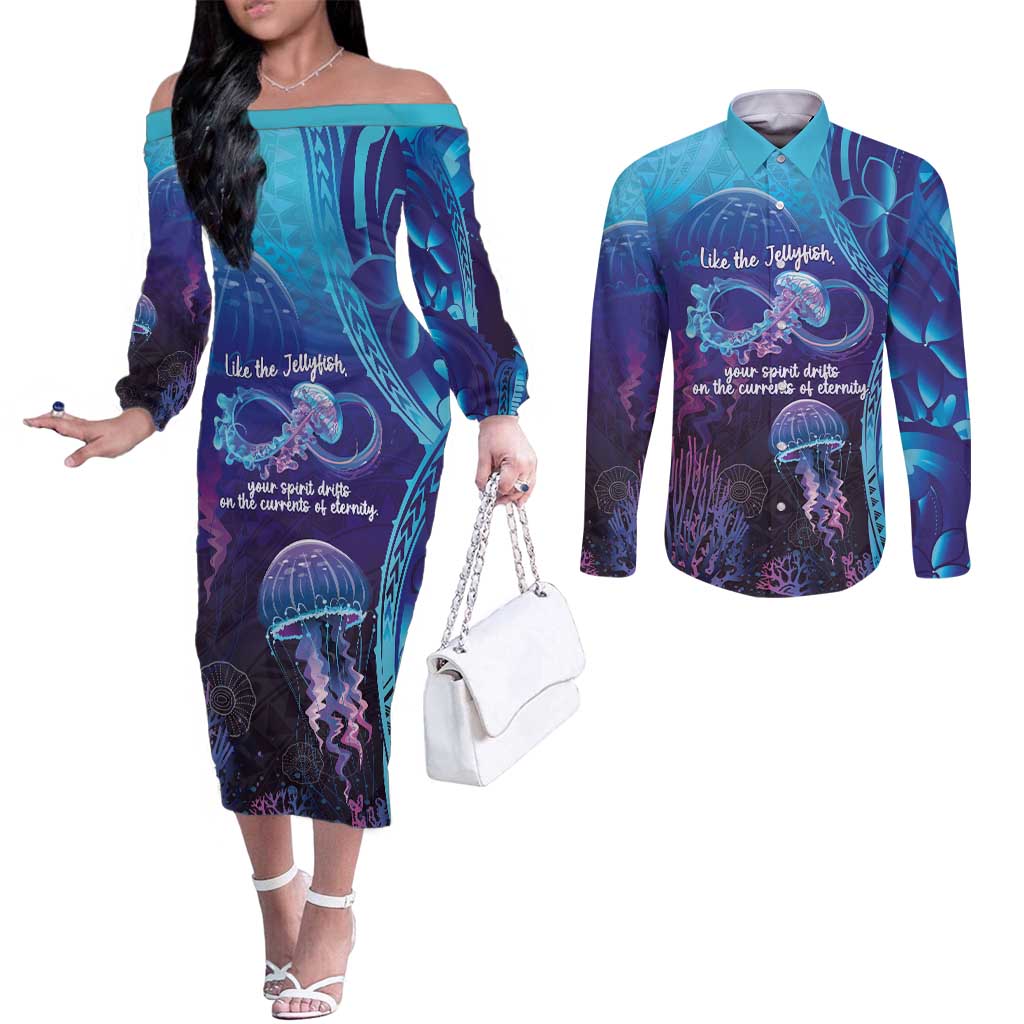 Polynesia Jellyfish Memorial Personalised Couples Matching Off The Shoulder Long Sleeve Dress and Long Sleeve Button Shirt Infinity Jellies Polynesian Pattern