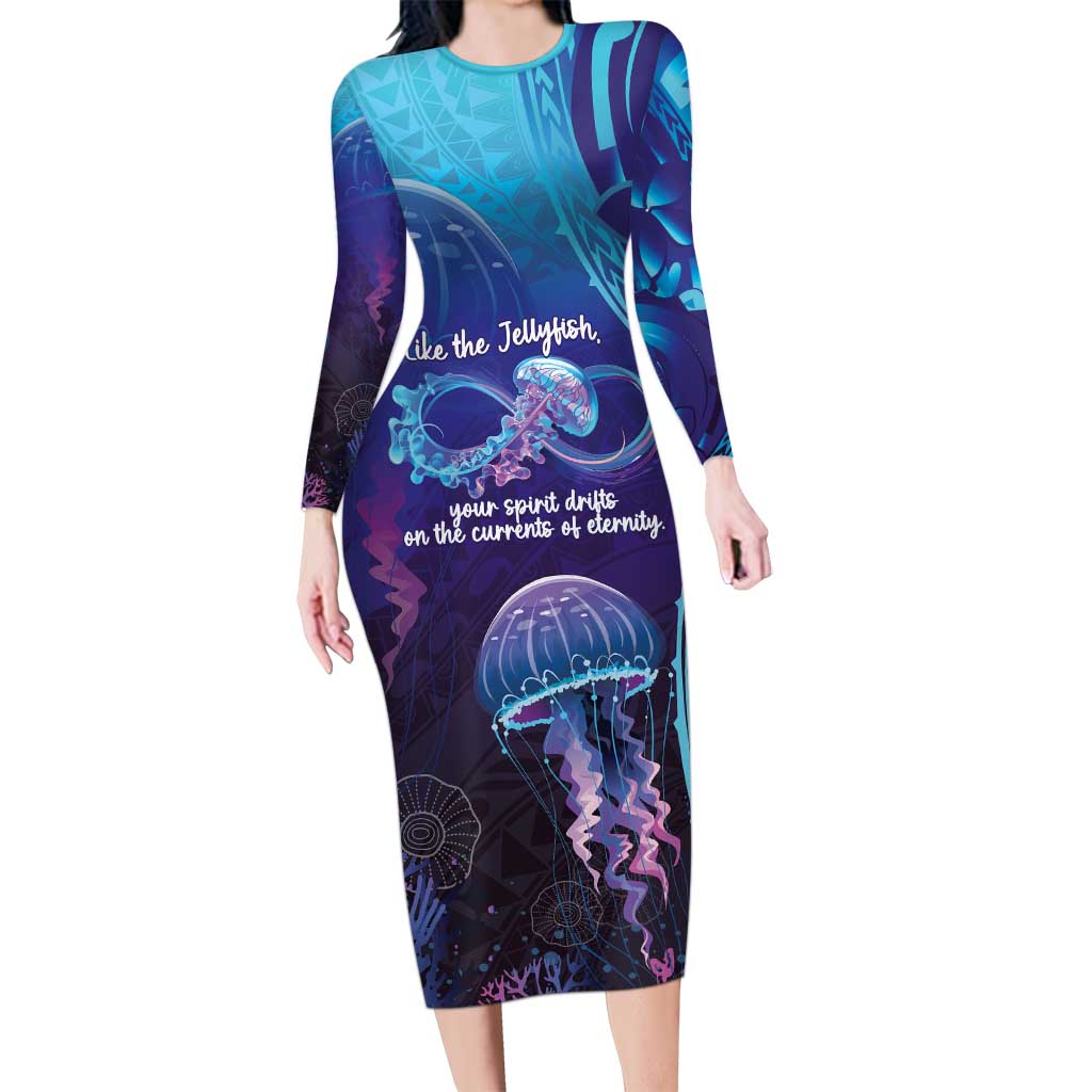 Polynesia Jellyfish Memorial Personalised Long Sleeve Bodycon Dress Infinity Jellies Polynesian Pattern