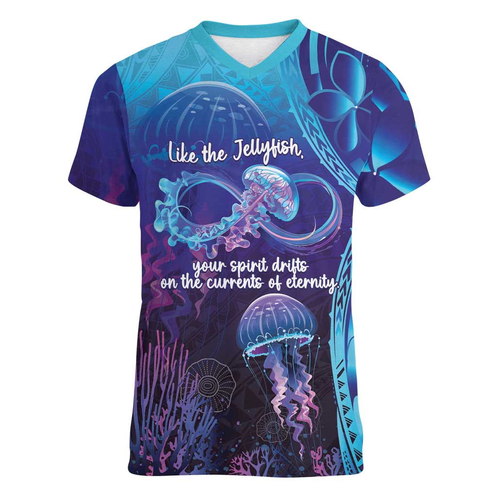 Polynesia Jellyfish Memorial Personalised Women V-Neck T-Shirt Infinity Jellies Polynesian Pattern