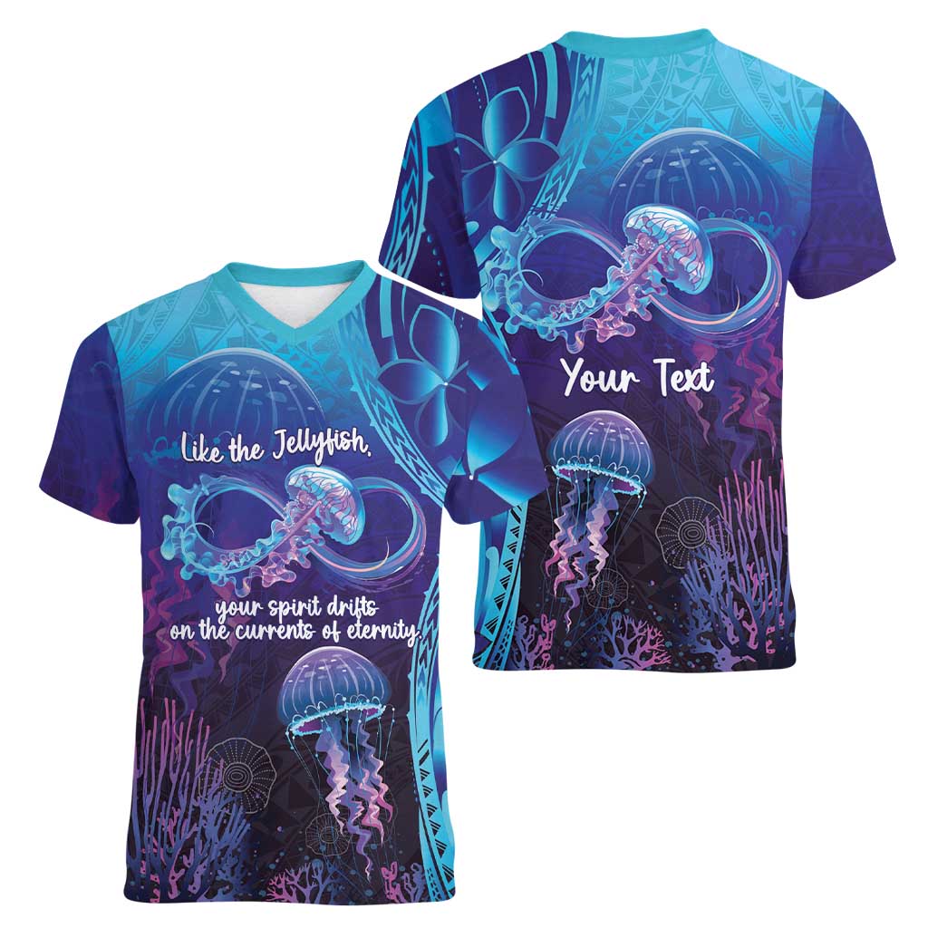 Polynesia Jellyfish Memorial Personalised Women V-Neck T-Shirt Infinity Jellies Polynesian Pattern