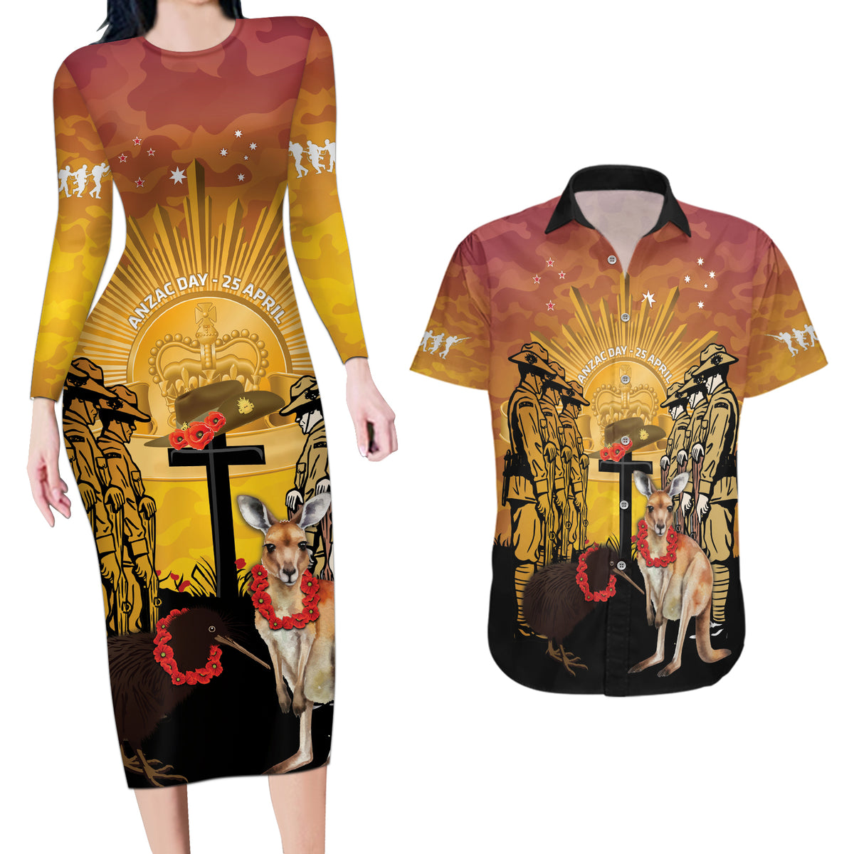 Australia And New Zealand ANZAC Couples Matching Long Sleeve Bodycon Dress and Hawaiian Shirt Aussie Kangaroo With Aotearoa Kiwi Lest We Forget LT14 Yellow - Polynesian Pride