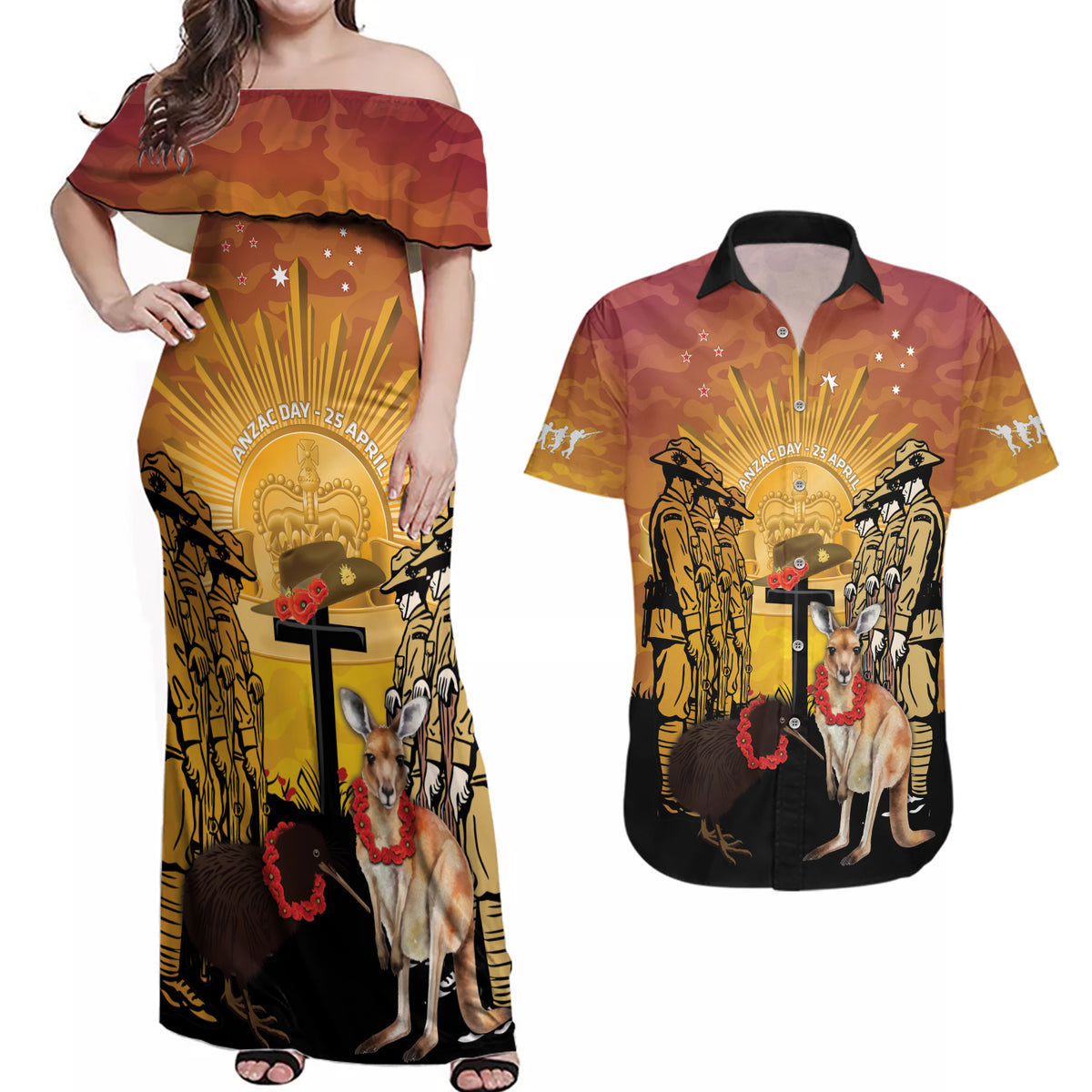 Australia And New Zealand ANZAC Couples Matching Off Shoulder Maxi Dress and Hawaiian Shirt Aussie Kangaroo With Aotearoa Kiwi Lest We Forget LT14 Yellow - Polynesian Pride