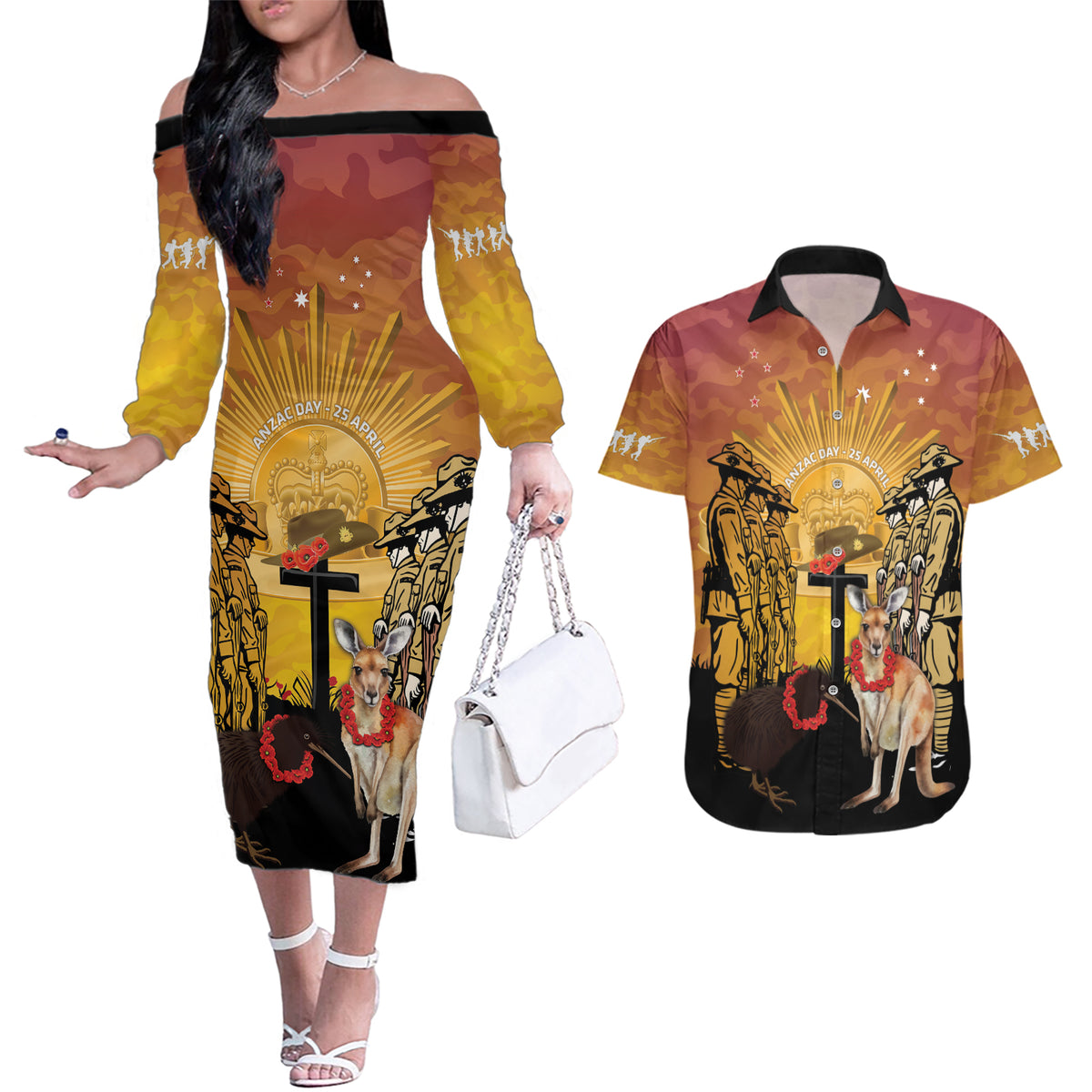 Australia And New Zealand ANZAC Couples Matching Off The Shoulder Long Sleeve Dress and Hawaiian Shirt Aussie Kangaroo With Aotearoa Kiwi Lest We Forget LT14 Yellow - Polynesian Pride