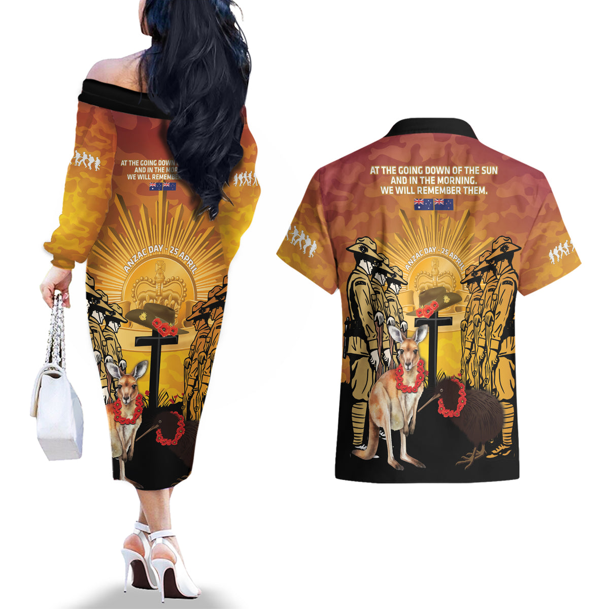 Australia And New Zealand ANZAC Couples Matching Off The Shoulder Long Sleeve Dress and Hawaiian Shirt Aussie Kangaroo With Aotearoa Kiwi Lest We Forget LT14 - Polynesian Pride