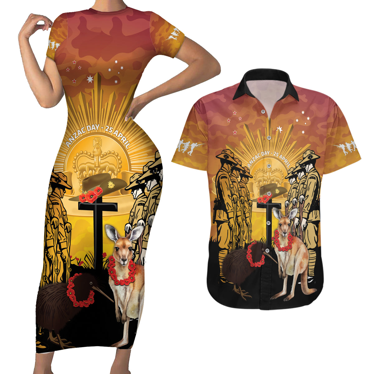 Australia And New Zealand ANZAC Couples Matching Short Sleeve Bodycon Dress and Hawaiian Shirt Aussie Kangaroo With Aotearoa Kiwi Lest We Forget LT14 Yellow - Polynesian Pride