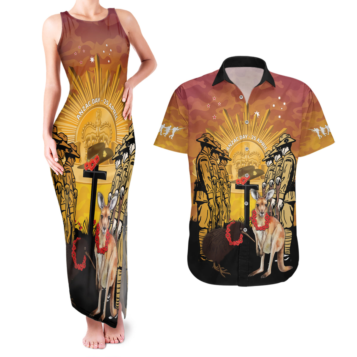 Australia And New Zealand ANZAC Couples Matching Tank Maxi Dress and Hawaiian Shirt Aussie Kangaroo With Aotearoa Kiwi Lest We Forget LT14 Yellow - Polynesian Pride
