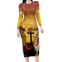 Australia And New Zealand ANZAC Family Matching Long Sleeve Bodycon Dress and Hawaiian Shirt Aussie Kangaroo With Aotearoa Kiwi Lest We Forget LT14 Mom's Dress Yellow - Polynesian Pride