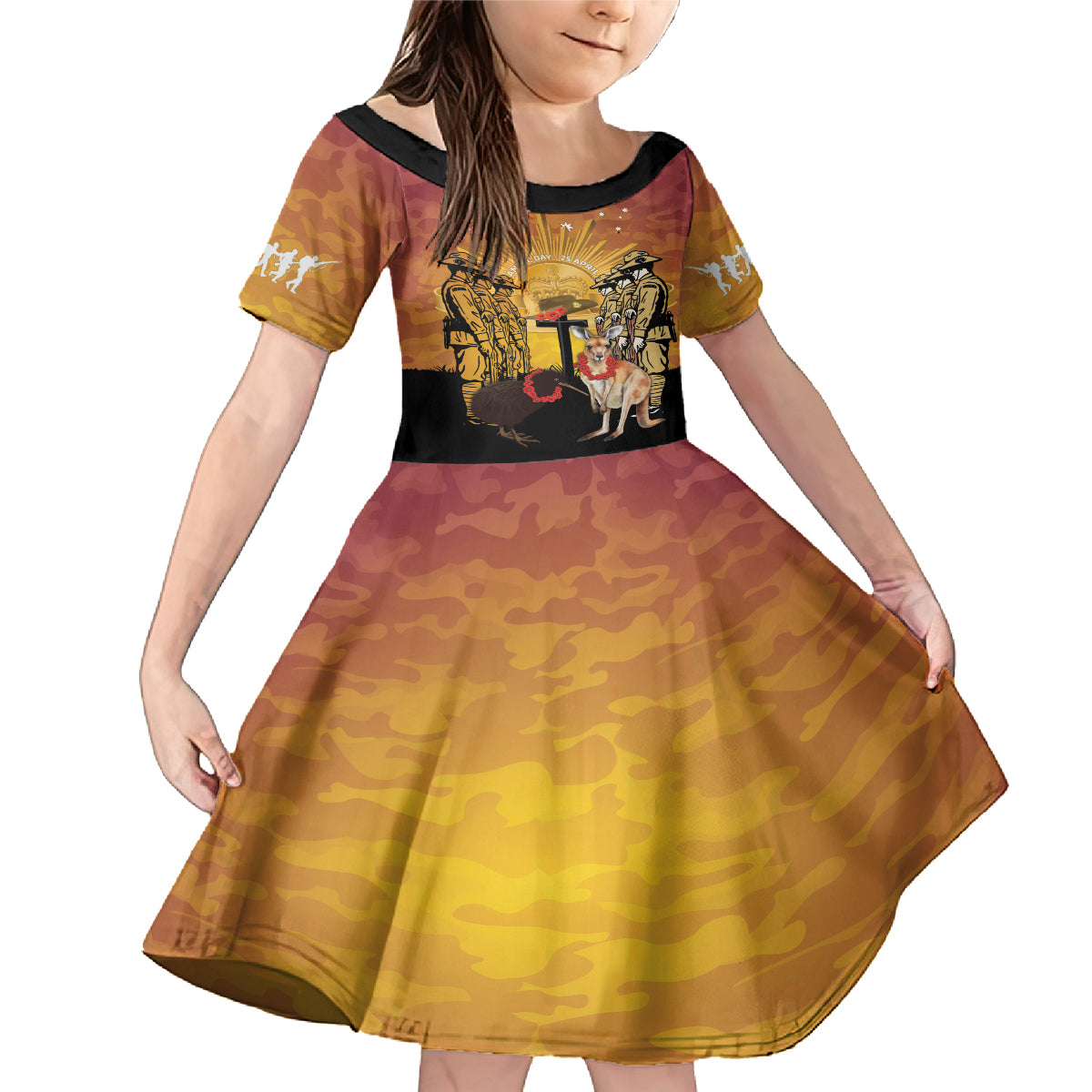 Australia And New Zealand ANZAC Family Matching Mermaid Dress and Hawaiian Shirt Aussie Kangaroo With Aotearoa Kiwi Lest We Forget LT14 Daughter's Dress Yellow - Polynesian Pride