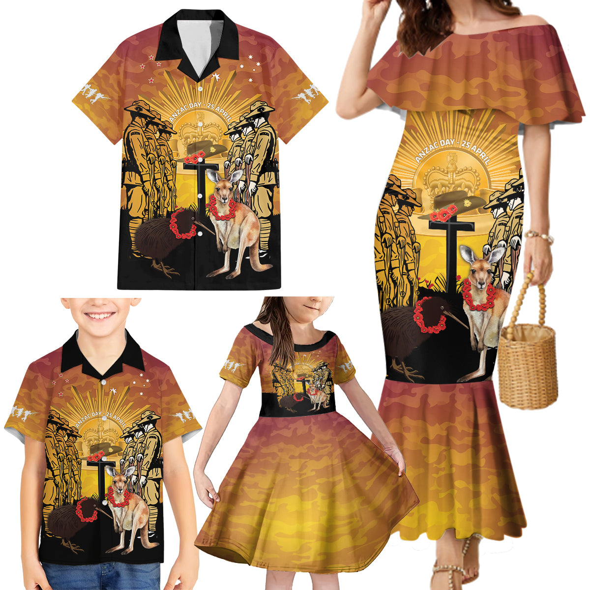 Australia And New Zealand ANZAC Family Matching Mermaid Dress and Hawaiian Shirt Aussie Kangaroo With Aotearoa Kiwi Lest We Forget LT14 - Polynesian Pride