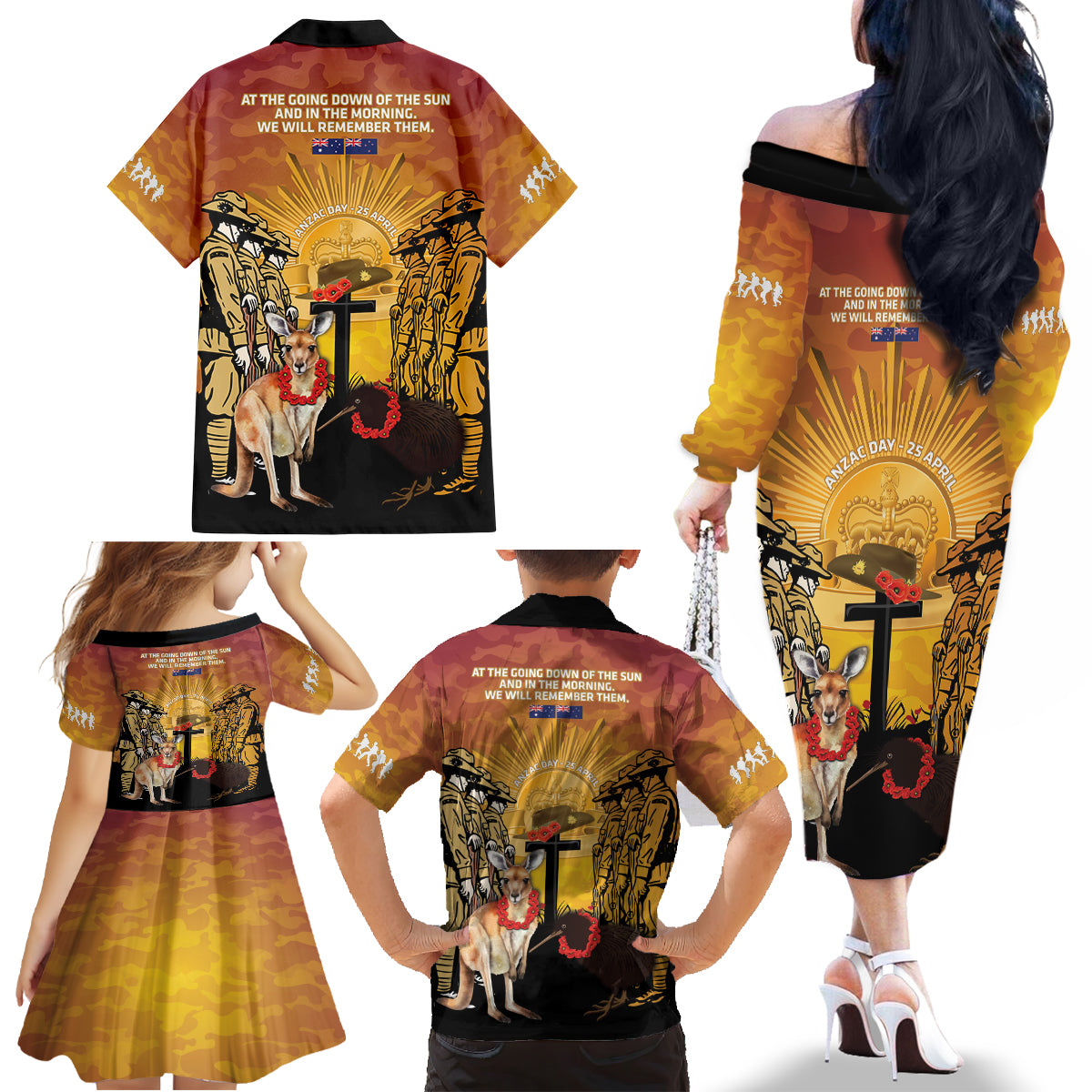 Australia And New Zealand ANZAC Family Matching Off The Shoulder Long Sleeve Dress and Hawaiian Shirt Aussie Kangaroo With Aotearoa Kiwi Lest We Forget LT14 - Polynesian Pride