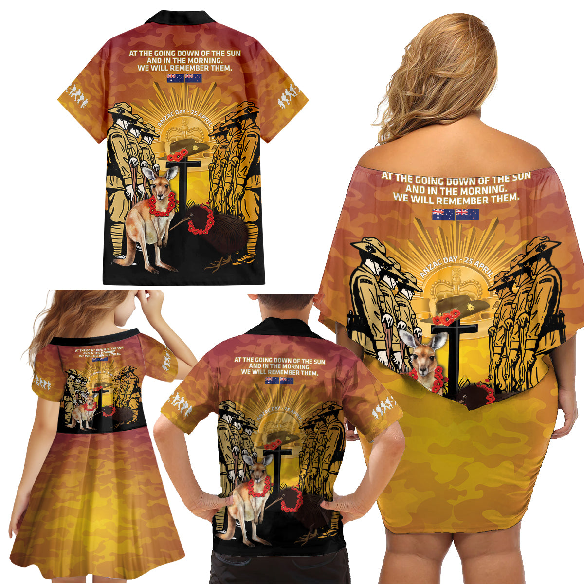 Australia And New Zealand ANZAC Family Matching Off Shoulder Short Dress and Hawaiian Shirt Aussie Kangaroo With Aotearoa Kiwi Lest We Forget LT14 - Polynesian Pride