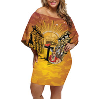 Australia And New Zealand ANZAC Family Matching Off Shoulder Short Dress and Hawaiian Shirt Aussie Kangaroo With Aotearoa Kiwi Lest We Forget LT14 Mom's Dress Yellow - Polynesian Pride