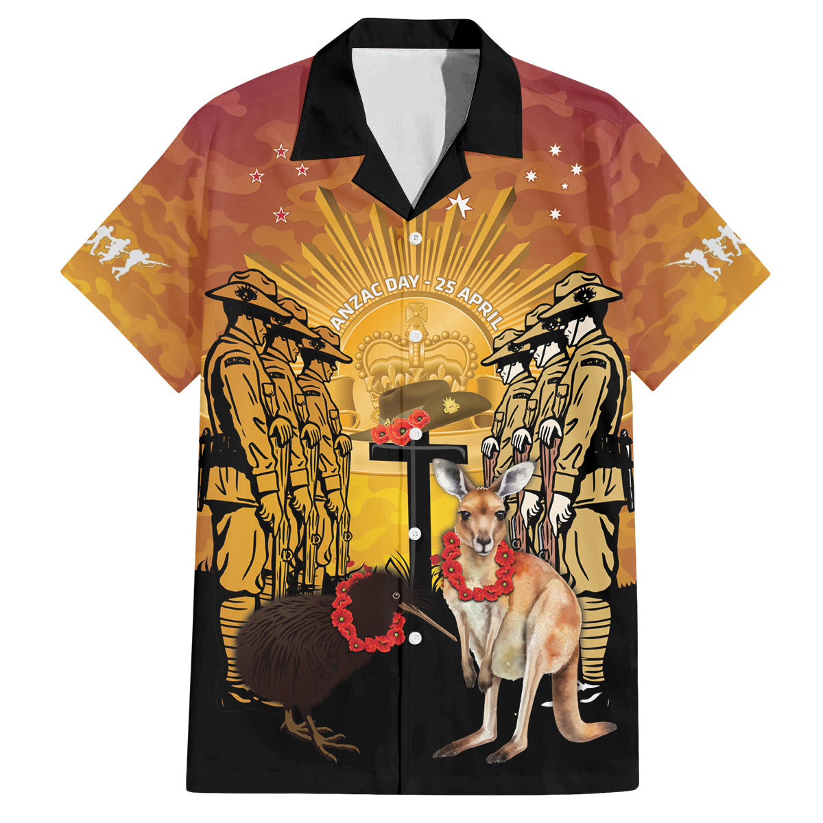 Australia And New Zealand ANZAC Family Matching Puletasi and Hawaiian Shirt Aussie Kangaroo With Aotearoa Kiwi Lest We Forget LT14 Dad's Shirt - Short Sleeve Yellow - Polynesian Pride