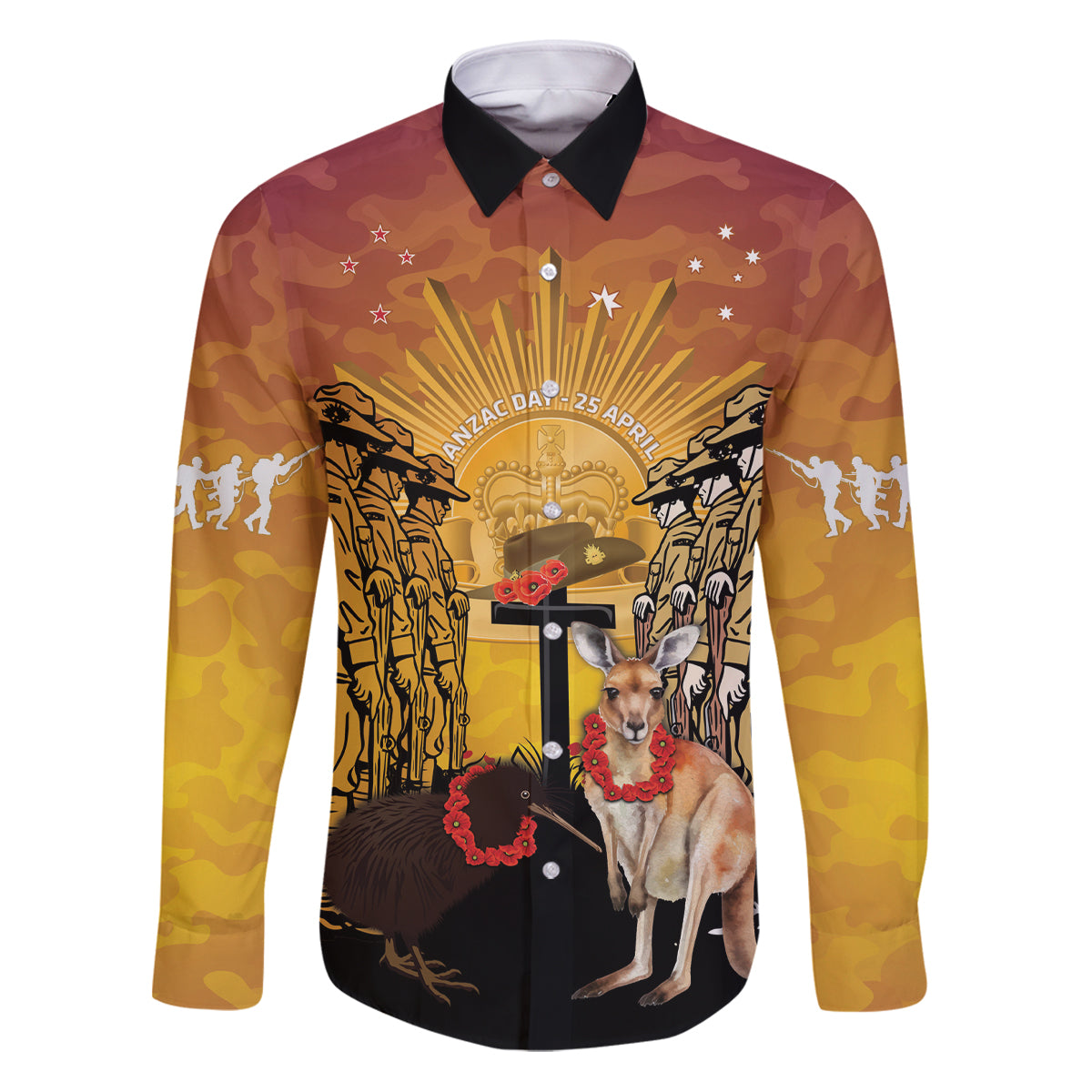 Australia And New Zealand ANZAC Family Matching Puletasi and Hawaiian Shirt Aussie Kangaroo With Aotearoa Kiwi Lest We Forget LT14 Dad's Shirt - Long Sleeve Yellow - Polynesian Pride