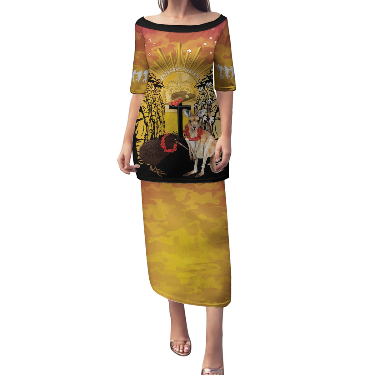 Australia And New Zealand ANZAC Family Matching Puletasi and Hawaiian Shirt Aussie Kangaroo With Aotearoa Kiwi Lest We Forget LT14 Mom's Dress Yellow - Polynesian Pride