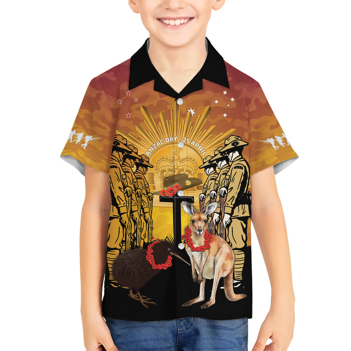 Australia And New Zealand ANZAC Family Matching Puletasi and Hawaiian Shirt Aussie Kangaroo With Aotearoa Kiwi Lest We Forget LT14 Son's Shirt Yellow - Polynesian Pride