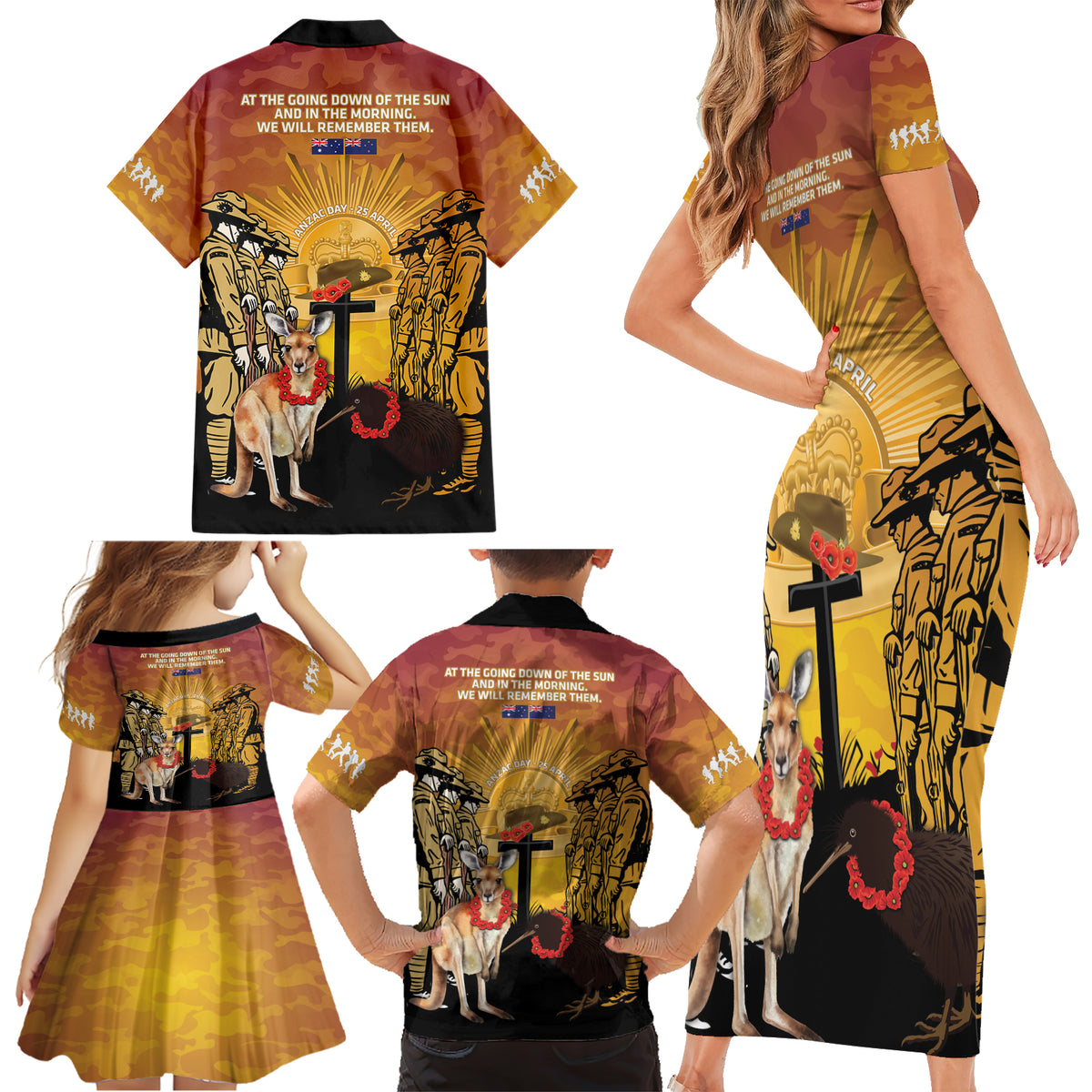 Australia And New Zealand ANZAC Family Matching Short Sleeve Bodycon Dress and Hawaiian Shirt Aussie Kangaroo With Aotearoa Kiwi Lest We Forget LT14 - Polynesian Pride