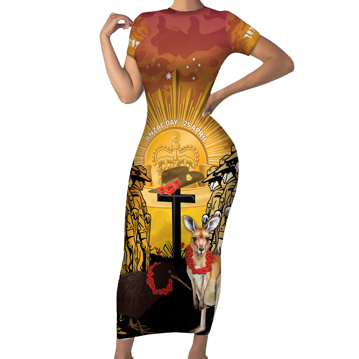 Australia And New Zealand ANZAC Family Matching Short Sleeve Bodycon Dress and Hawaiian Shirt Aussie Kangaroo With Aotearoa Kiwi Lest We Forget LT14 Mom's Dress Yellow - Polynesian Pride