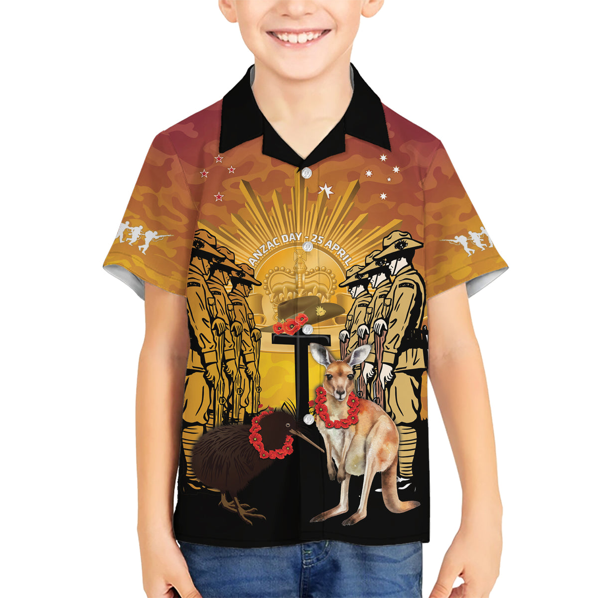 Australia And New Zealand ANZAC Family Matching Short Sleeve Bodycon Dress and Hawaiian Shirt Aussie Kangaroo With Aotearoa Kiwi Lest We Forget LT14 Son's Shirt Yellow - Polynesian Pride