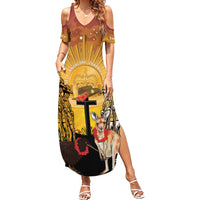 Australia And New Zealand ANZAC Family Matching Summer Maxi Dress and Hawaiian Shirt Aussie Kangaroo With Aotearoa Kiwi Lest We Forget LT14 Mom's Dress Yellow - Polynesian Pride
