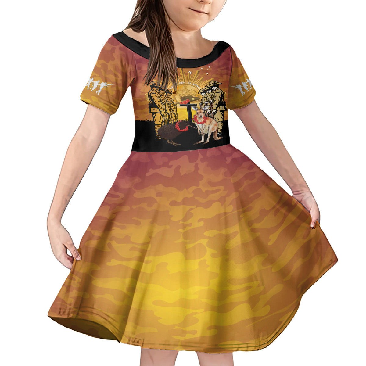 Australia And New Zealand ANZAC Family Matching Tank Maxi Dress and Hawaiian Shirt Aussie Kangaroo With Aotearoa Kiwi Lest We Forget LT14 Daughter's Dress Yellow - Polynesian Pride