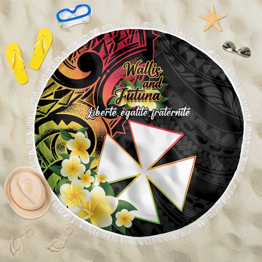 Wallis and Futuna Victory Day Beach Blanket Liberty Equality Fraternity Polynesian Plumeria LT14 One Size 150cm Black - Polynesian Pride