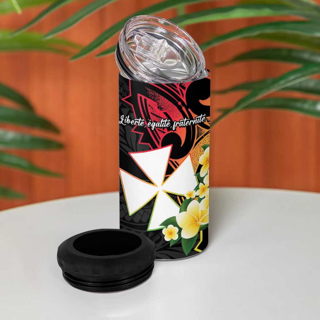 Wallis and Futuna Victory Day 4 in 1 Can Cooler Tumbler Liberty Equality Fraternity Polynesian Plumeria