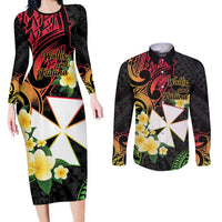 Wallis and Futuna Victory Day Couples Matching Long Sleeve Bodycon Dress and Long Sleeve Button Shirt Liberty Equality Fraternity Polynesian Plumeria LT14 Black - Polynesian Pride