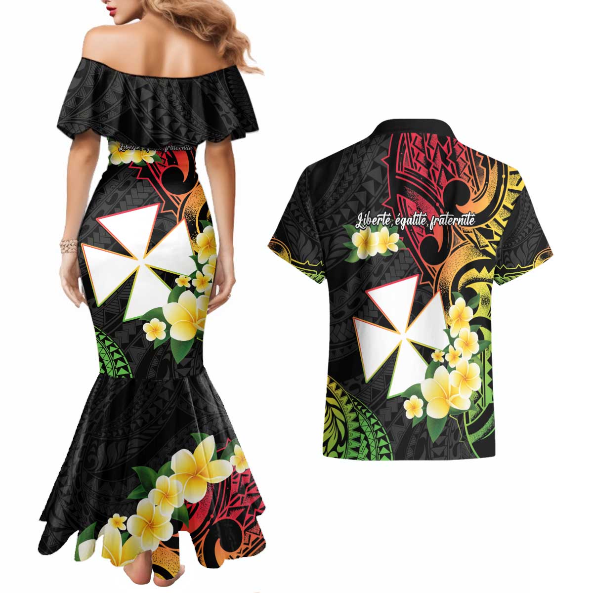 Wallis and Futuna Victory Day Couples Matching Mermaid Dress and Hawaiian Shirt Liberty Equality Fraternity Polynesian Plumeria LT14 - Polynesian Pride