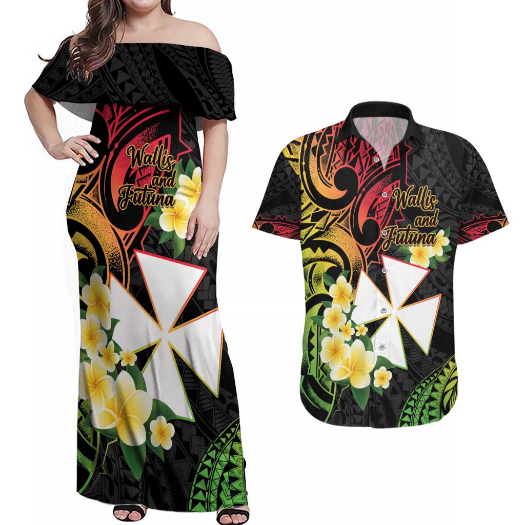 Wallis and Futuna Victory Day Couples Matching Off Shoulder Maxi Dress and Hawaiian Shirt Liberty Equality Fraternity Polynesian Plumeria LT14 Black - Polynesian Pride